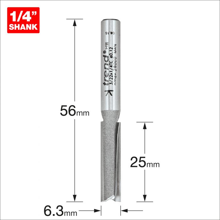 TREND Two Flute Cutter (6.3x25mm, 1/4" Shank) - Image 2