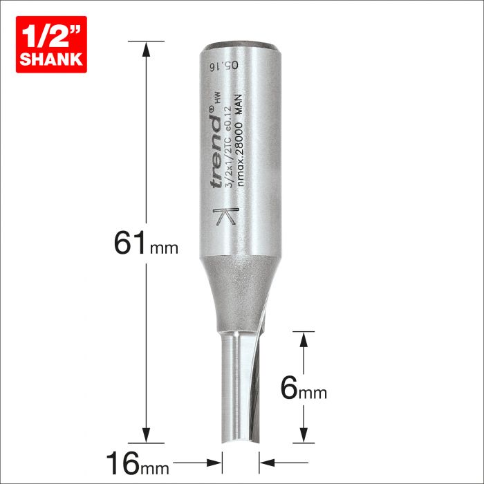 TREND Two Flute Cutter (6x16mm, 1/2" Shank) - Image 2