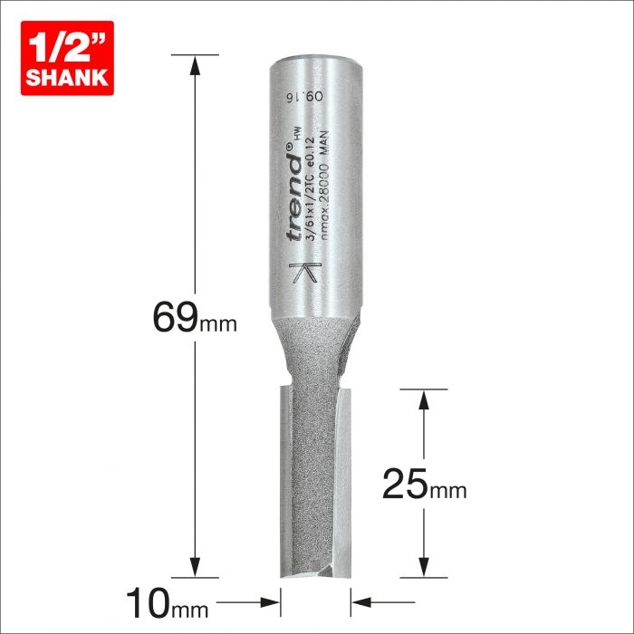 TREND Two Flute Cutter (10x25mm, 1/2" Shank) - Image 2