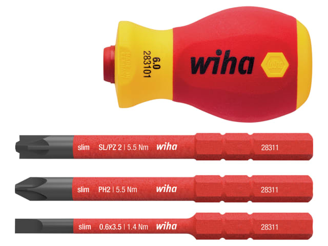 WIHA SoftFinish VDE Stubby Screwdriver Set (4 Piece, SL/PH/PZS)