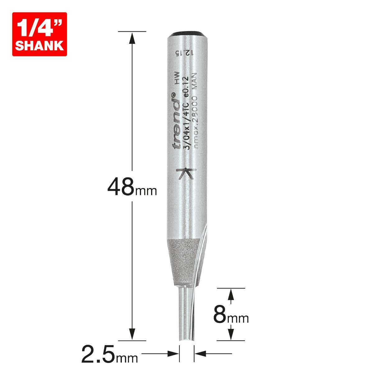 TREND Two Flute Cutter (2.5x8mm, 1/4" Shank) - Image 2