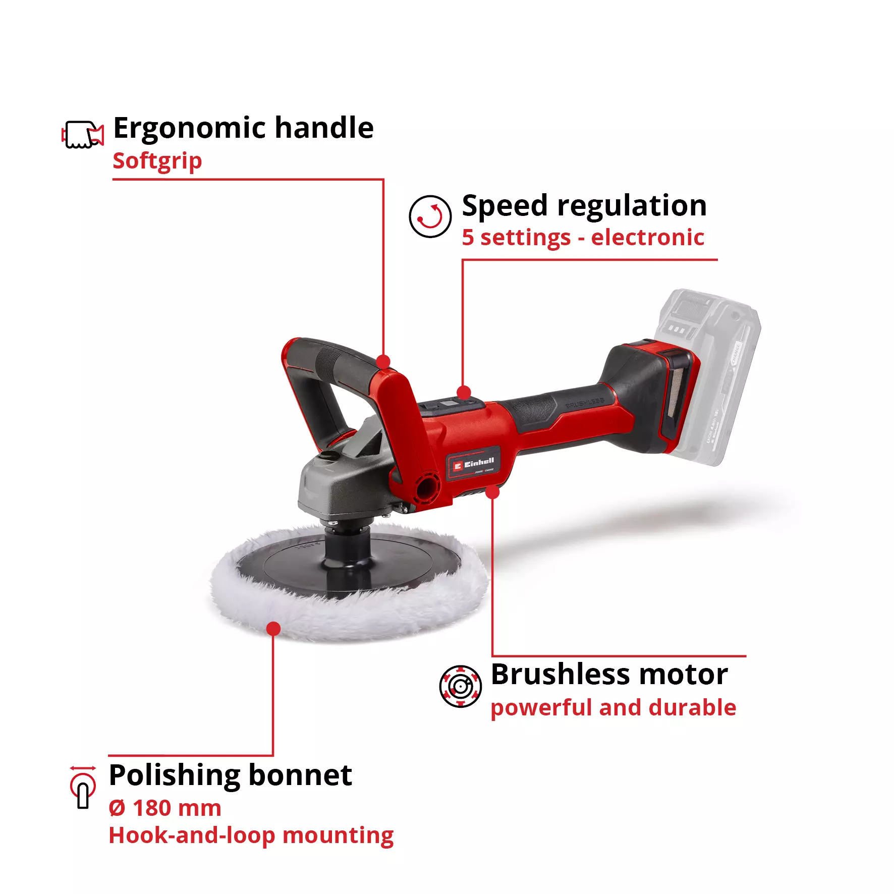EINHELL 18V Polisher Bare Unit (180mm, CE-CP 18/180 Li E-Solo) - Image 3