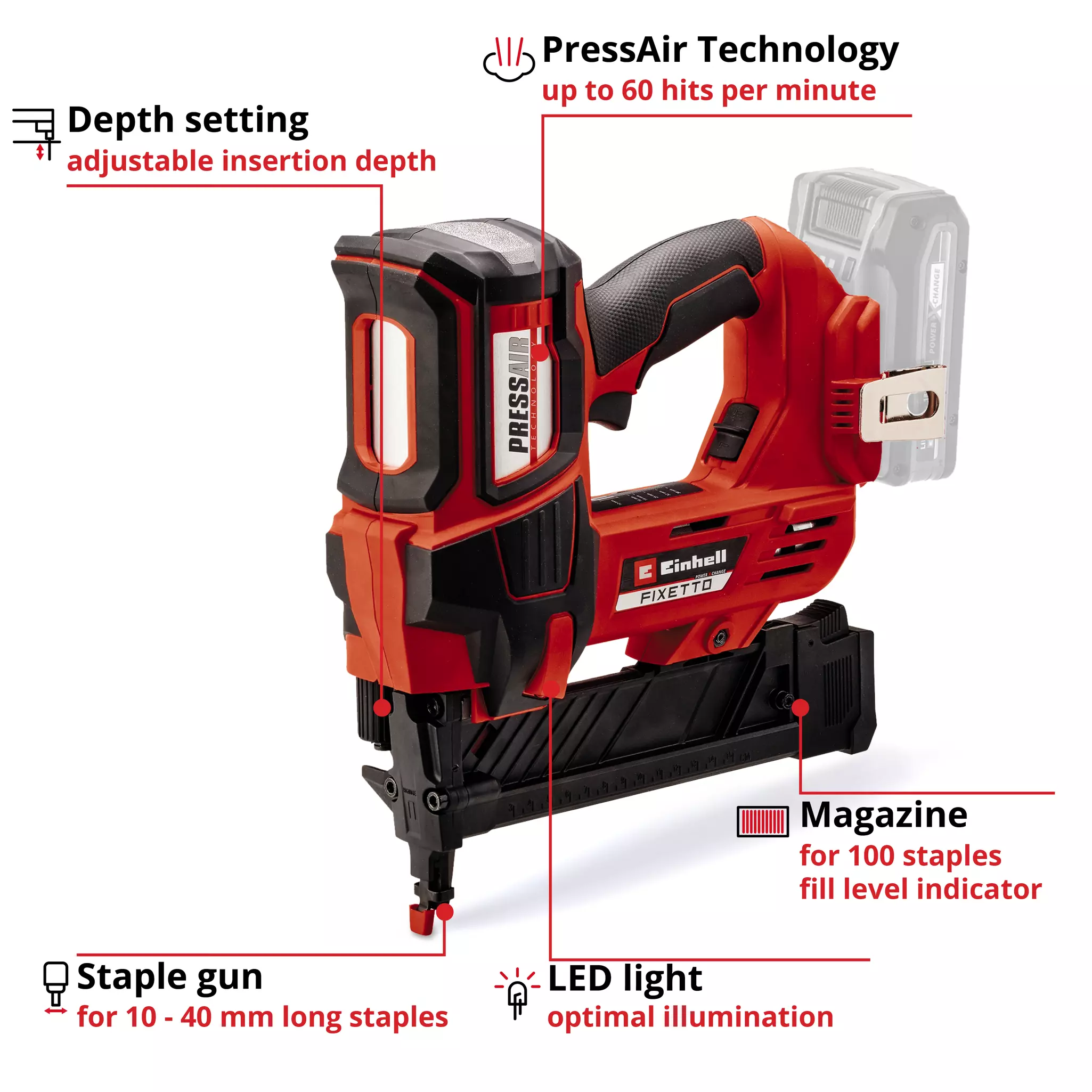 EINHELL PRO 18V Stapler Bare Unit (18G/5.7mm,10-40m, FIXETTO 18/40 S) - Image 3