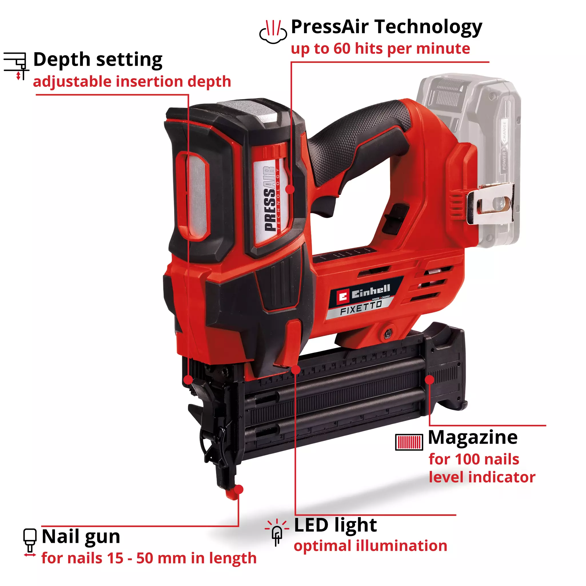 EINHELL PRO 18V Nailer Bare Unit (18G, FIXETTO 18/50 N) - Image 3