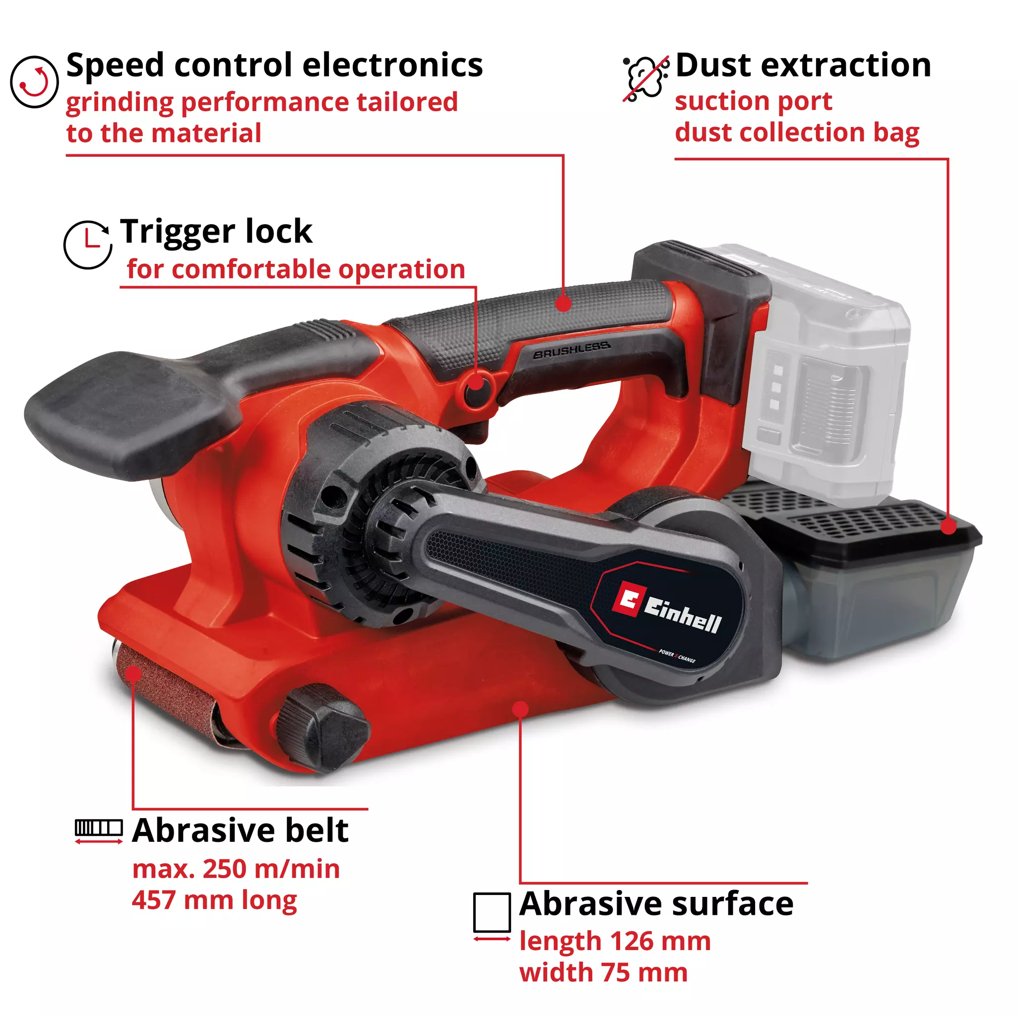 EINHELL PRO 18V Belt Sander Bare Unit (75-457mm, TP-BS 18/457 Li Bl Solo) - Image 3
