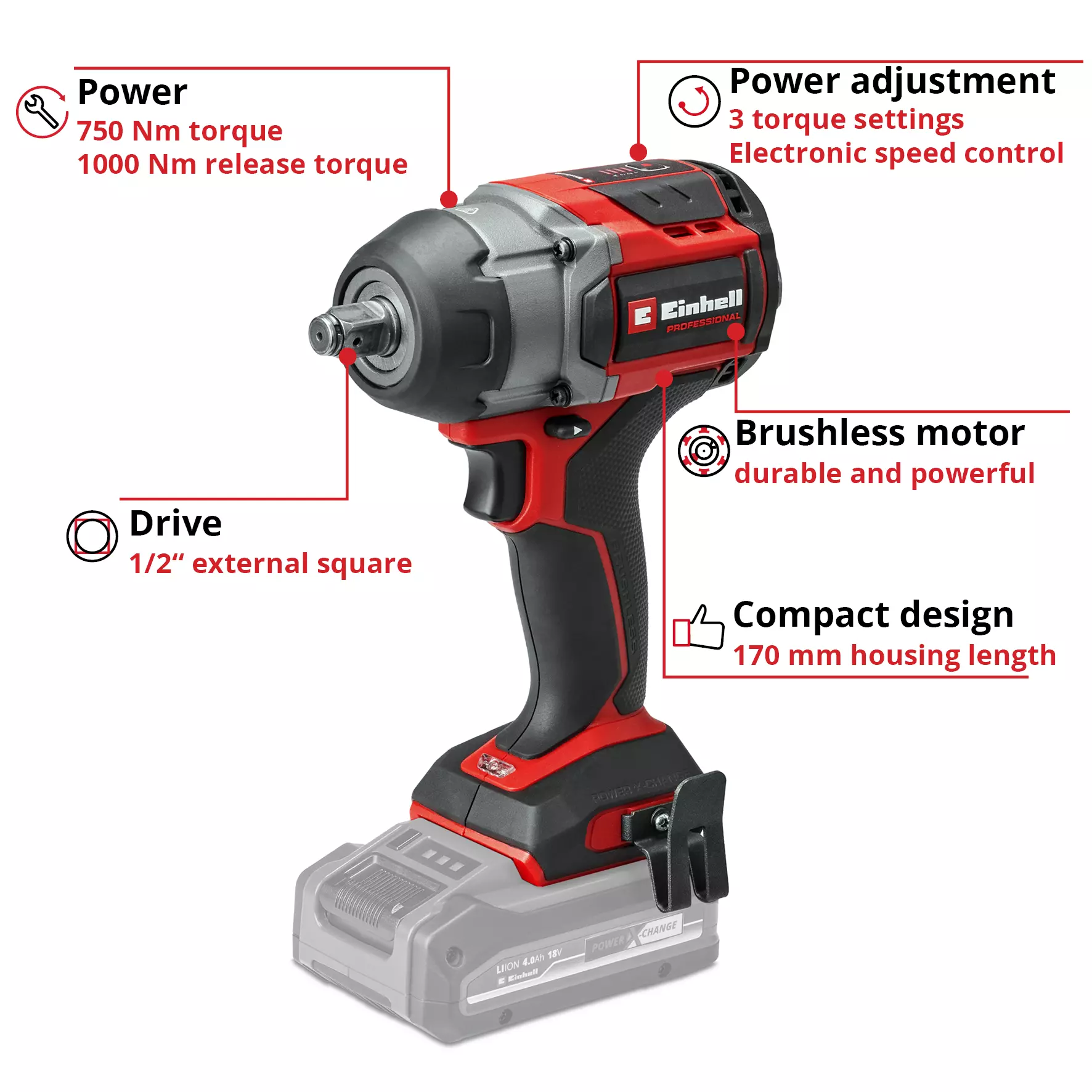 EINHELL PRO 18V Impact Wrench Bare Unit (1/2", 1000Nm, TP-CW 18/450-C Li BL) - Image 3