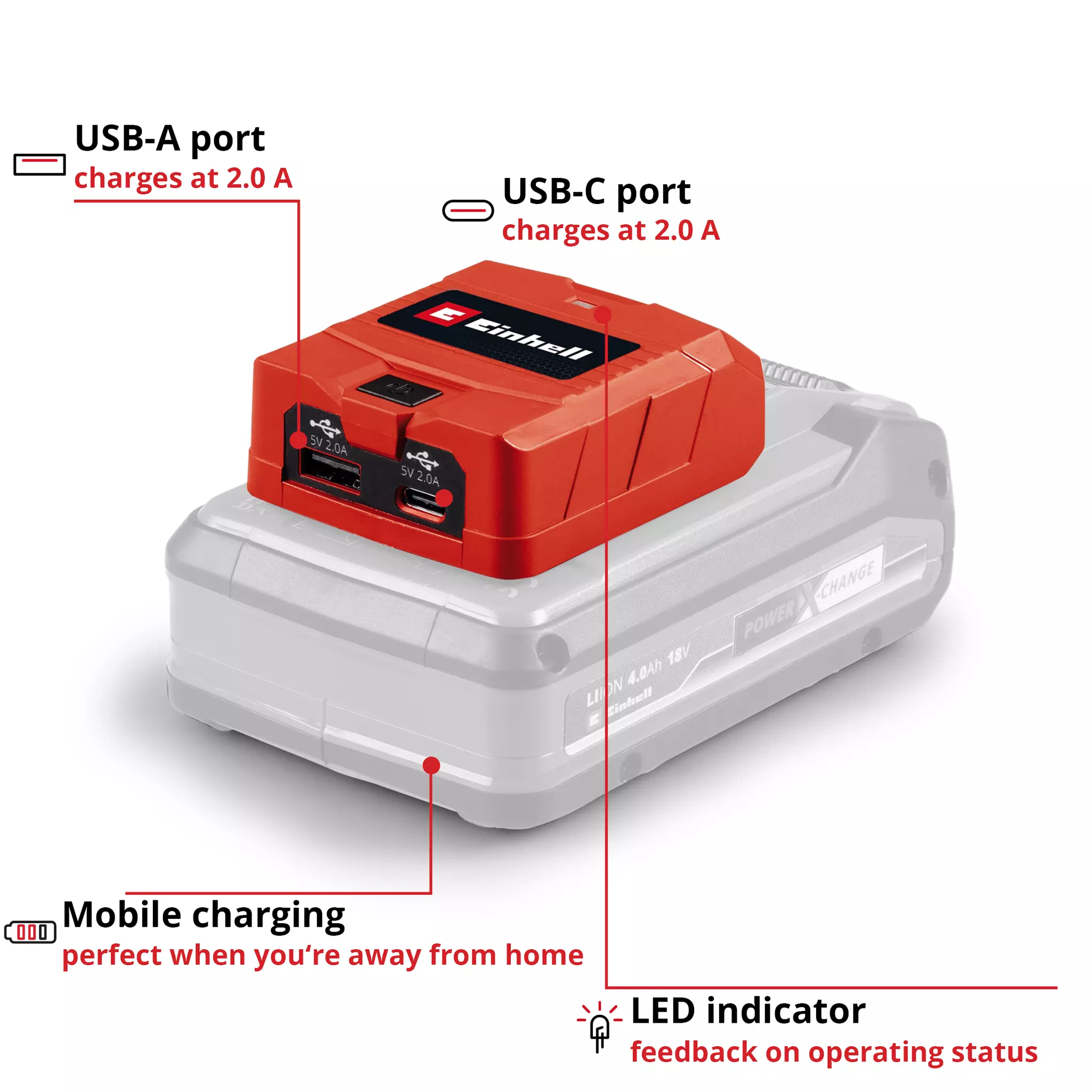 EINHELL 18V USB Battery Adaptor Bare Unit (1xUSB-A, 1x USB-C, TC-CP 18Li A/C Solo) - Image 3