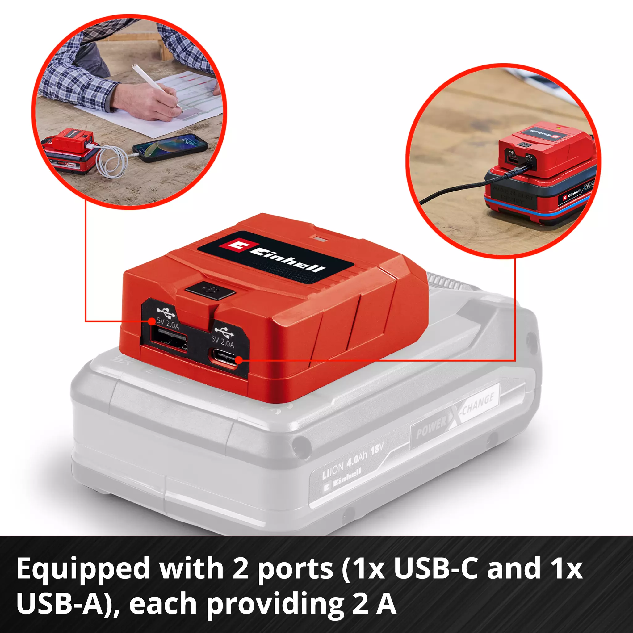 EINHELL 18V USB Battery Adaptor Bare Unit (1xUSB-A, 1x USB-C, TC-CP 18Li A/C Solo) - Image 5